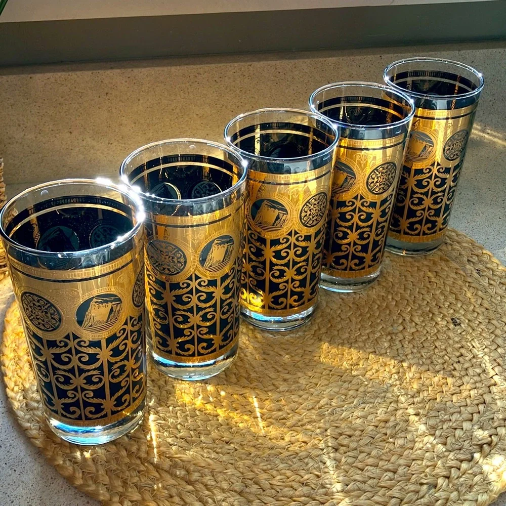 (5) Vintage Libbey Prudential Black and Gold Glasses - 1960s
